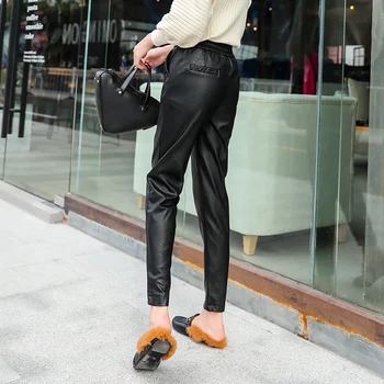 Naujų 2020 m. Žiemos PU Odos Kelnės Moterims Juostinės Moto Dviratininkas Aukšto Juosmens PU Kelnes Femme Streetwear Moterų Dirbtiniais Odos Kelnės 936G