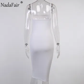 Nadafair Seksualus Spageti Dirželis Midi Šalis Suknelė Bodycon Slim Puoštas 2020 Moterų Suknelė Balta Raudona Elegancija Rankovių Vestidos