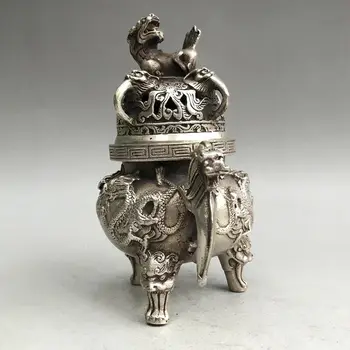 Išskirtinį senas Kinų, Tibeto sidabro Vario censer rankų darbo drožyba drakono atvaizdas