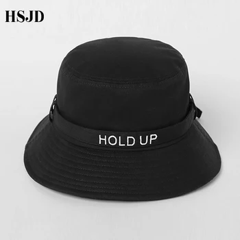 2018 Mados K POP Ilgas Diržas Žvejys Skrybėlę Laišką telpa Medvilnės Kibirą Skrybėlės Unisex Hip-Hop Žvejybos Bžūp lauko juoda skrybėlę nuo saulės