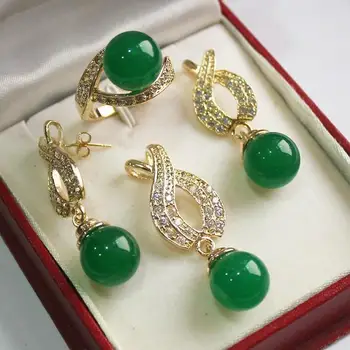 Karšta! gražus naujas juvelyriniai sidabro padengtą 12mm green jade pakabukas, auskarai, , žiedas rinkinys