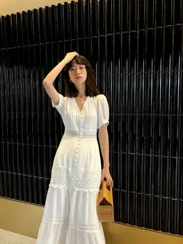 2020 pasakų retro V-kaklo suknelė moterų vasaros juosmens lieknėjimo prancūzijos bellflower suknelė temperamentas atostogų paplūdimio suknelė