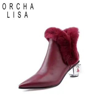 ORCHA LISA Moterims, natūralios Odos Batai Pažymėjo Tne Keista Stiliaus Kulnas 5,5 cm Triušio Kailinius Traukti Didelis size34-43 Atsitiktinis Žiemą