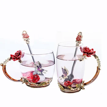 Raudona Rožė Emalio Krištolo Taurės Gėlių Arbata Stiklo Aukštos kokybės Drugelis Stiklinės Vandens Puodelį Gėlių Puodelis su Rankena monokristalo puodelis Dovanų F2