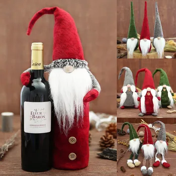 Kalėdinė Dekoracija Beveidis Barzda Kalėdų Senelio Skrybėlė Lėlės Vyno Butelis Apima Audinio Raudona Mėlyna Žalia