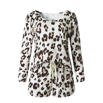 Leopardas Spausdinti Loungewear Moterims Dviejų Dalių Komplektus Gėlių Loungewear Nustatyti Moterų Ilgomis Rankovėmis Trumpą Rinkiniai