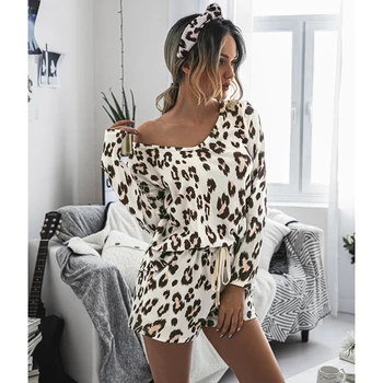 Leopardas Spausdinti Loungewear Moterims Dviejų Dalių Komplektus Gėlių Loungewear Nustatyti Moterų Ilgomis Rankovėmis Trumpą Rinkiniai