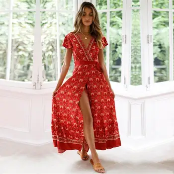 ZITY Derliaus Spausdinimo Maxi Suknelė Moterims Vasaros Boho Varčias Ilga Raudona Padalinta Gėlių Paplūdimio Suknelė Seksualus V -Kaklo Atostogų Sundress Moteris