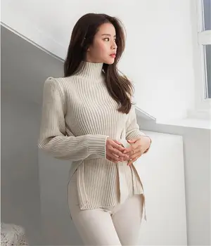 Rudenį, žiemą elegantiškas golfo moteris megztinis viršuje Korėja padalinta megztinis megztas megztinis puloveriai) su diržo