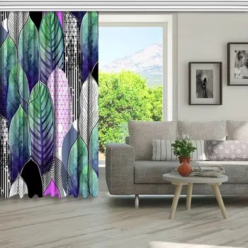 Užuolaidų Egzotinių Heliconia Lapai ir Geometrinių Figūrų Linijos Šiuolaikinės Akvarelės Stiliaus Grafikos Meno Violetinė Žalia Rausva