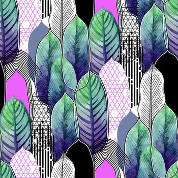 Užuolaidų Egzotinių Heliconia Lapai ir Geometrinių Figūrų Linijos Šiuolaikinės Akvarelės Stiliaus Grafikos Meno Violetinė Žalia Rausva