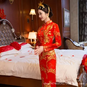 Raudona Nuotaka Tradicinės Kinų Vestuvių Suknelė Siuvinėjimo Phoenix Cheongsam Mados Vestido Rytų Stiliaus Suknelės Kinija Qipao