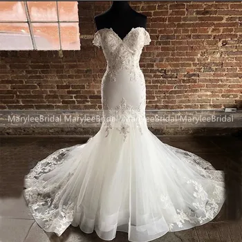 Spalvingas Off Peties Tiulio Vestuvių Suknelės Su Gėlių Appliques 2020 Elegantiškas Brangioji Undinė Balta Nuotakos Suknelė Individualų