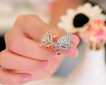 Cute Little Fairy Fox Žiedai Visiškai Kristalų Žiedai Aukso Sidabro Padengtą Moterų Ornamentu