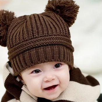 Naujas Mielas Kūdikis Vaikai, Mergaitė, Berniukas Dual Kamuolius Šiltos Žiemos Megzti Dangtelis Pompom Beanie Skrybėlių vaikams Medvilnės Baby Skrybėlę Ausinių skrybėlę czapka