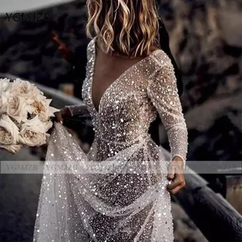 Seksualus Backless Paplūdimys Vestuvių Suknelė 2020 Ilgomis Rankovėmis V-Kaklo Karoliukai Šviečia Iliuzija Boho Nuotakos Suknelė Vestido De Noiva Bohemijos