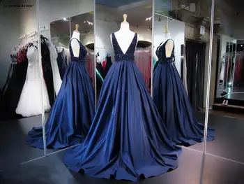 Chalatas de bal femme longue naujas seksualus V-kaklo kristalų atgal linija, tamsiai mėlyna promenadzie suknelė realios foto dubajus vakarinę suknelę Suknelė užsakymą