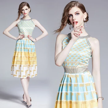 Vasarą naujas bohemijos geometrinis spausdinti kontrasto spalvos berankovė atostogų plonas plonas plisuotos suknelė