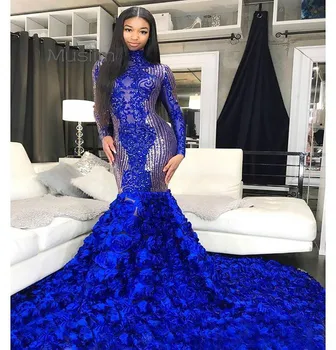 Sparkly Royal Blue vakarinę Suknelę ilgomis Rankovėmis China Afrikos Promenadzie Suknelė 2021 Plius Dydžio 3D Gėlių Juoda Merginos Undinė Šalis Suknelė