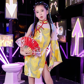 Merginos Džiazo Suknelė Kinijos Hiphop Stiliaus Kostiumas Vaikams, Gatvės Šokio Spektaklis Kostiumas Vaikams Podiumo Šou, Geltona Cheongsam DQL2430