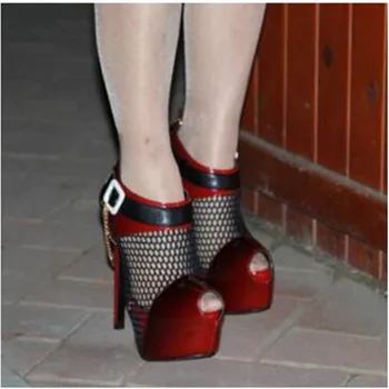 SHOFOO batai,Gražių madingų moterų batai, oda susiuvimo ju audiniu, apie 14.5 cm aukščio-batelių, peep toe siurbliai.