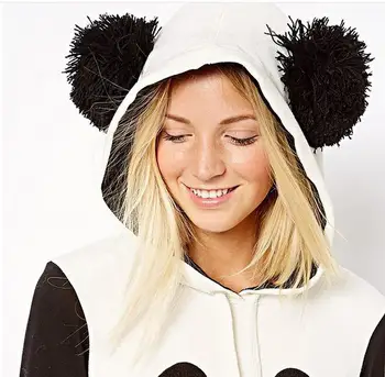 Vilnos Moterų Hoodie Hipių Kawaii Žaismingas Panda Rudens-Žiemos Mados Juodos ir Baltos Kontrastas Spalva Ponios Sweatershirt