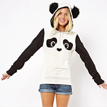 Vilnos Moterų Hoodie Hipių Kawaii Žaismingas Panda Rudens-Žiemos Mados Juodos ir Baltos Kontrastas Spalva Ponios Sweatershirt