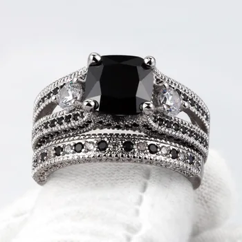 Natūralus Juodas Akmuo 925 Sidabro Spalvos Cirkonis Deimantiniai Žiedai Moterų Vestuvės Vestuvinis Žiedas Kubinių Platinos Žiedai, Papuošalai, Dovana