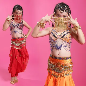 Merginų Pilvo Šokis 3Pcs rinkinys (top+kelnės+diržas) vaikams, geros kokybės Profesionalus granulių kutas indėnų/egiptas šokio kostiumai