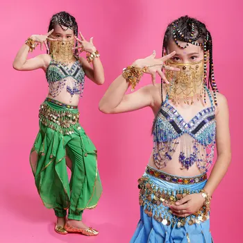Merginų Pilvo Šokis 3Pcs rinkinys (top+kelnės+diržas) vaikams, geros kokybės Profesionalus granulių kutas indėnų/egiptas šokio kostiumai