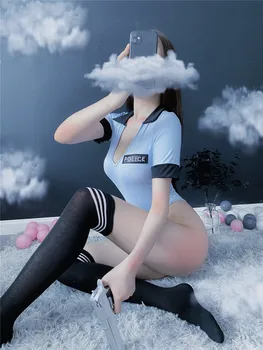 Cosplay policewoman atvirų pavarų vientisas seksualus moteriškas apatinis trikotažas, seksualus permatomas vienodas pagundai juodos kojinės kostiumas