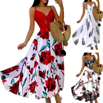 Mados Moterų V-Kaklo Povas Gėlių Spausdinti Didelės Krūtinės Apačia Mazgas Diržas Ilga Suknelė Plius Dydis Moterų Suknelė Pavasario Vasaros Suknelė