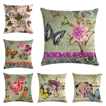 45cm*45cm Retro drugelių ir gėlių dizaino lino/medvilnės mesti pagalvių užvalkalus sofos pagalvėlė padengti namų dekoratyvinės pagalvės