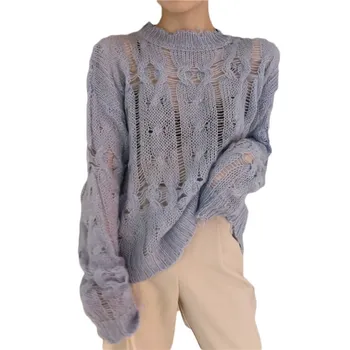 Kpop korėjos Įžymybė pats Violetinė tuščiaviduriai minkštas Purus plonas džemperis moterims korėjos streetwear seksualus megztinius ilgomis rankovėmis laukinių megztiniai