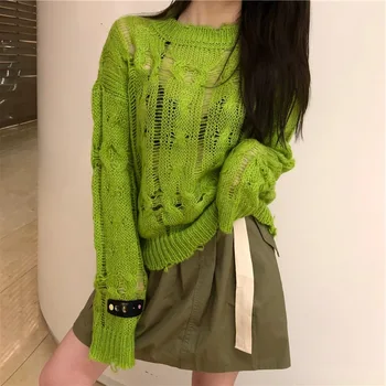 Kpop korėjos Įžymybė pats Violetinė tuščiaviduriai minkštas Purus plonas džemperis moterims korėjos streetwear seksualus megztinius ilgomis rankovėmis laukinių megztiniai