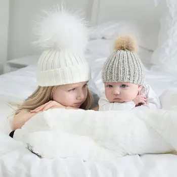 Newbaby 2 Vnt Motina, Vaikai, Vaikas, Kūdikis, Šiltos Žiemos Trikotažo Beanie Kailio Pom Skrybėlę Nėrimo Slidinėjimo Kepurė Mielas
