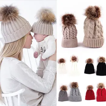 Newbaby 2 Vnt Motina, Vaikai, Vaikas, Kūdikis, Šiltos Žiemos Trikotažo Beanie Kailio Pom Skrybėlę Nėrimo Slidinėjimo Kepurė Mielas