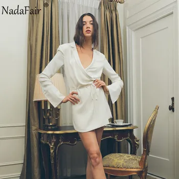 Nadafair Sexy V Kaklo Šalis Suknelė Moterims, Mini Ilgomis Rankovėmis Tunika Slim 2020 Balti Marškinėliai Suknelė Elegancijos Vestidos Atsitiktinis Juoda
