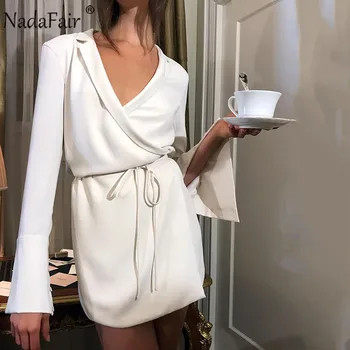 Nadafair Sexy V Kaklo Šalis Suknelė Moterims, Mini Ilgomis Rankovėmis Tunika Slim 2020 Balti Marškinėliai Suknelė Elegancijos Vestidos Atsitiktinis Juoda