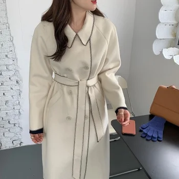 Dvigubo Breasted Juostinės Vilnonių Moterų Ilgas Kailis 2020 M. Žiemos Spalvos-užblokuotas korėjos Elegantiškas Ponios Paltas Outwear Femme