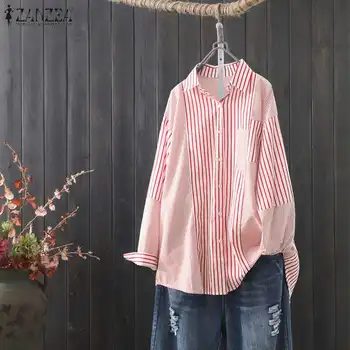 Mados Dryžuotas Stiching Marškiniai moteriškos Pavasario Kratinys Palaidinė ZANZEA 2021 Atsitiktinis ilgomis Rankovėmis Bluasas Moterų Atvartas, Negabaritinių Viršų