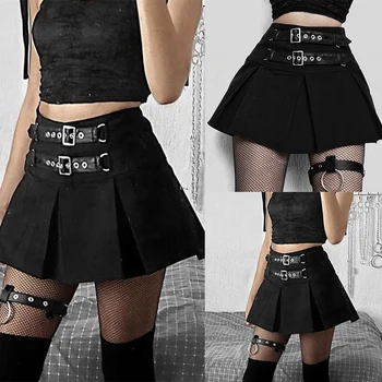 Seksualus Gotikos Mini Sijonai Juoda Grunge Punk Stiliaus Plisuotos Aukšto Juosmens Moterų Sijonas su Kniedės Kratinys Mados Šalis Nešioti