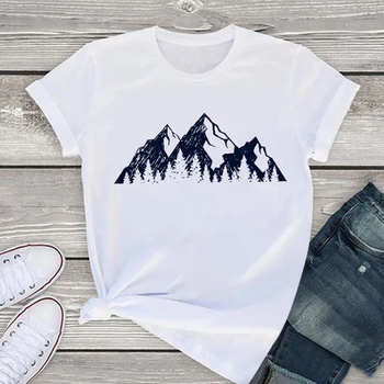 2021 Vasaros Viršūnes Estetinės Kalnų Print T-shirt Moterų Derliaus Marškinėlius Moteris, Drabužių Mados), O-kaklo Tee Harajuku Atsitiktinis Trumpas