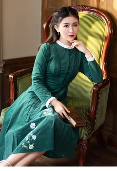 Mados prekės ženklo retro stiliaus Velvetas audinio suknelė moterų buvo plonas, siuvinėjimo gėlės aukšto juosmens elegantiška suknelė wq950 dropship