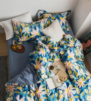 Sielovados šalies gėlių patalynės komplektas,pilnas karalienė, karalius 60s medvilnės, mėlynos spalvos gėlių dvigubai namų tekstilės paklode pagalvės užvalkalą antklode padengti