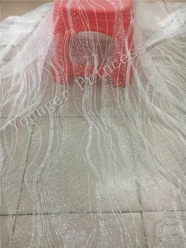 Balta YG-98 klijuojami blizgučiai net Nėrinių Audinio šviečia blizgučiai Afrikos Tiulio Nėrinių Audinio vestuvinė suknelė