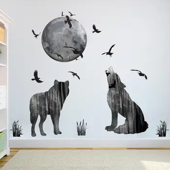 Vilkas ir Mėnulis Modernių Namų Apdailos pvc Sienų Lipduko Kūrybos Gyvūnų Juoda Lipnia Plakatas Sienos Menas