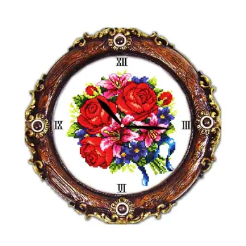 Sieninis Laikrodis Kryželiu Dekoratyvinis Komplektas Mažos Rožės, Lelijos Gėlės, Puokštės Laikrodžiai, Baldai, Aksesuarai, Rankų Darbo Siuvinėjimas