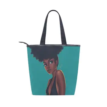 ALAZA Rankinėje Ekologinio shopper bags Drobės paplūdimio audiniu Didelis Pečių Maišą Afro Merginos Juoda Moterų Nešti Ponios Atsitiktinis Pritaikoma