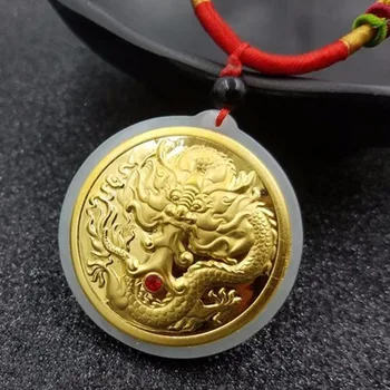 LETSFUN 24K Gold Dragon Plokštė Inkrustacijos Wada Jade Pakabukas Karoliai Mados Temperamentas Aksesuarai Dovanos